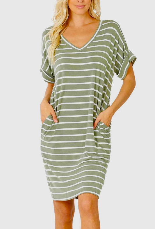 Striped Light Olive V-Neck Dress