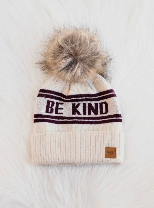 Be Kind Pom Hat - Ivory/Maroon