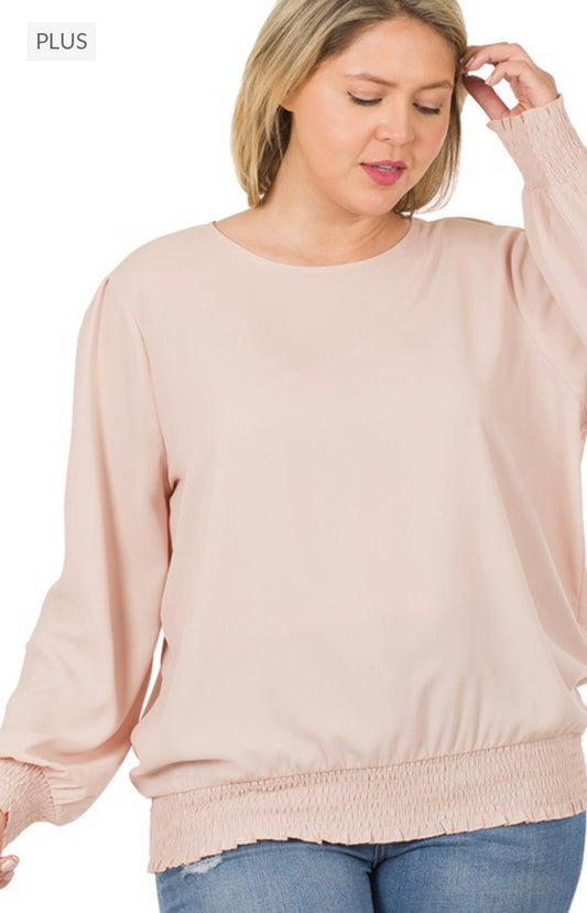 Smocked Waist Plus Size Long Sleeve Shirt - Blush